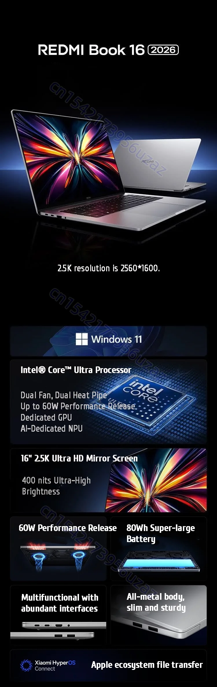 Xiaomi Redmi Book 16 2026 Laptop 16" 2.5K 120Hz Intel Core Ultra 5 125H 16GB+1TB SSD Win11PRO Office Notebook 80Wh Battery