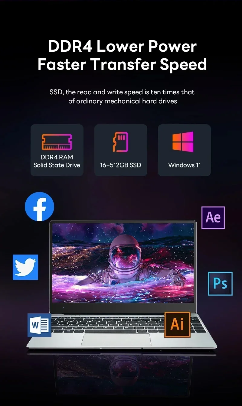 FUCHU 14.1'' NEW Laptop Computer 16GB DDR4 1TB 2TB SSD Intel I3-6100U Portable Notebook Windows 11 Laptops Office Study Game PC
