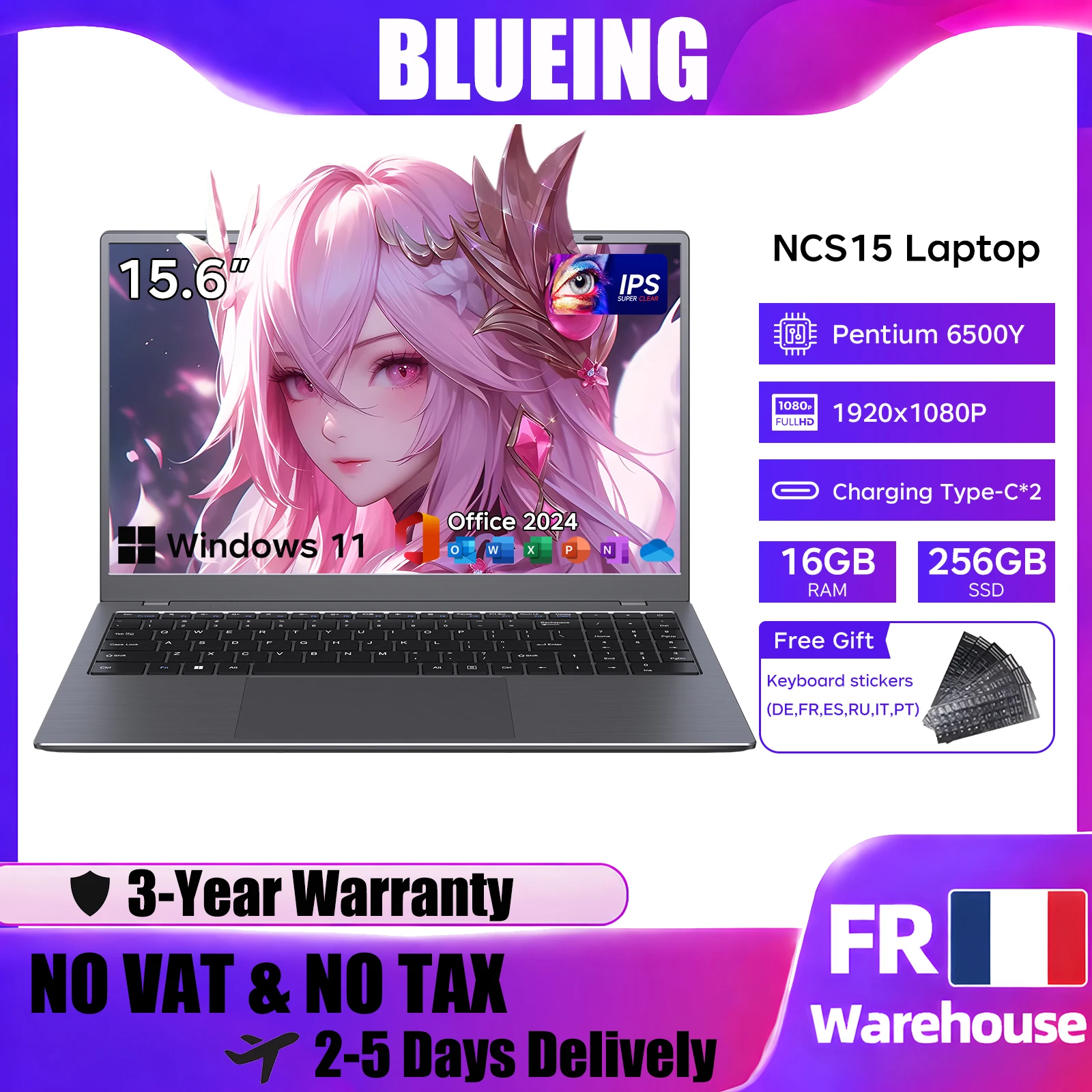 BLUEING 15.6 Laptop Computer Intel Pentium 6500Y (Up to 3.4GHz) Windows 11Pro Laptop IPS 16GB 512GB NVMe SSD Numeric Keyboard WIFI 5