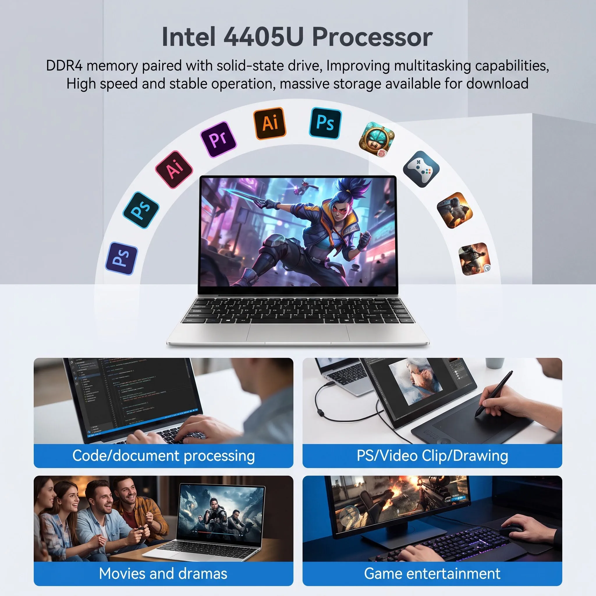 LENO New Ultra Slim Laptop 14.1" 16GB RAM 2TB SSD Intel 4405U Notebook Gamer 1920*1080 Display Office Study Computer PC Windows