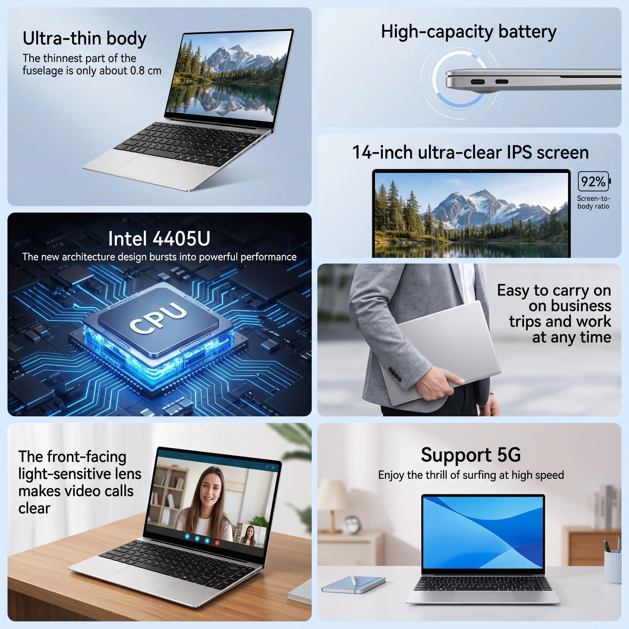 LENO New Ultra Slim Laptop 14.1" 16GB RAM 2TB SSD Intel 4405U Notebook Gamer 1920*1080 Display Office Study Computer PC Windows