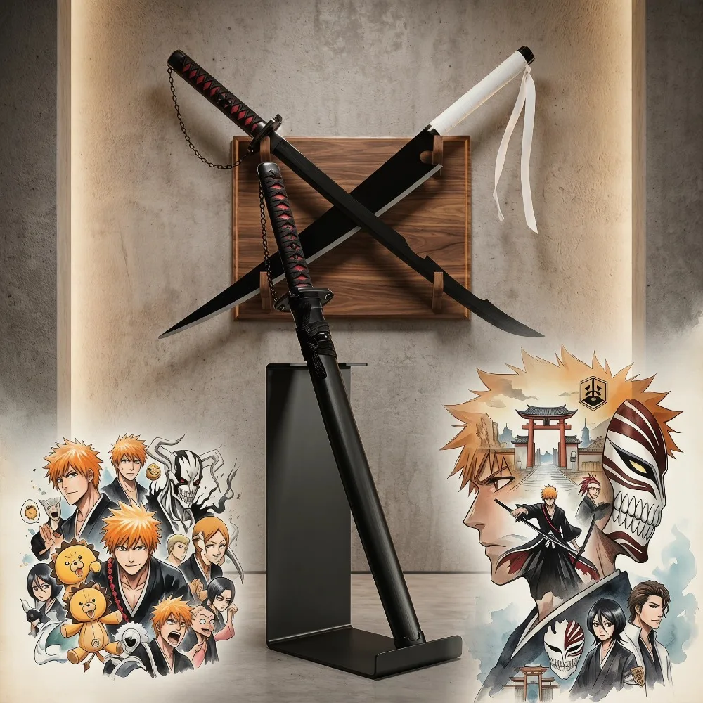 40inch 104cm Anime Bleach Ichigo Kurosaki Katana PU Plastic Samurai Sword Safe Unsharpened Blade Cosplay Prop Toy Gift Decor