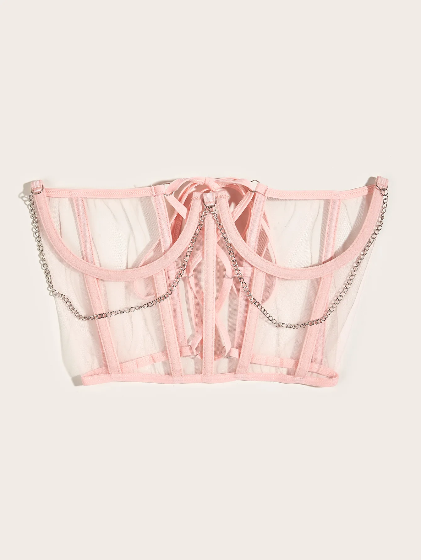Punk Metal Chain Black White Pink Corset Goth Sexy High Waist Tops Bustiers Harajuku Vintage Mesh See Through Cummerbunds