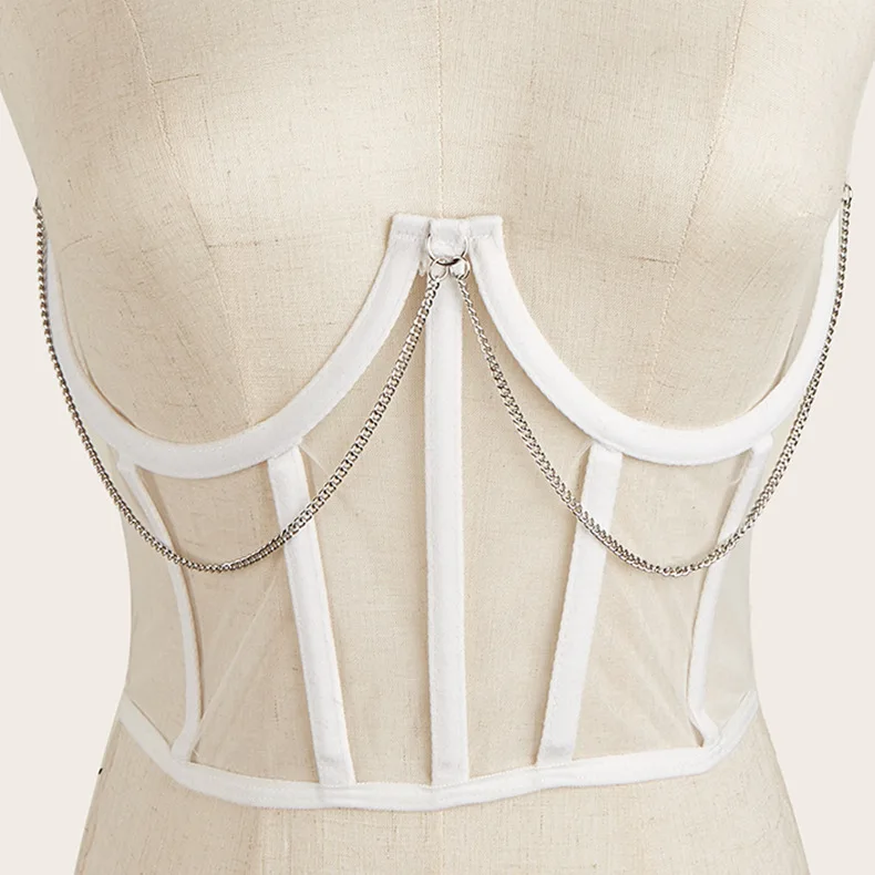 Punk Metal Chain Black White Pink Corset Goth Sexy High Waist Tops Bustiers Harajuku Vintage Mesh See Through Cummerbunds