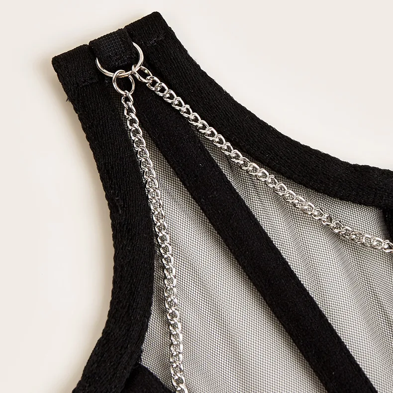 Punk Metal Chain Black White Pink Corset Goth Sexy High Waist Tops Bustiers Harajuku Vintage Mesh See Through Cummerbunds