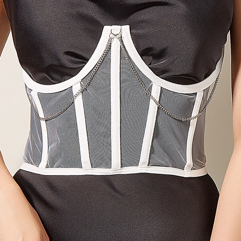 Punk Metal Chain Black White Pink Corset Goth Sexy High Waist Tops Bustiers Harajuku Vintage Mesh See Through Cummerbunds