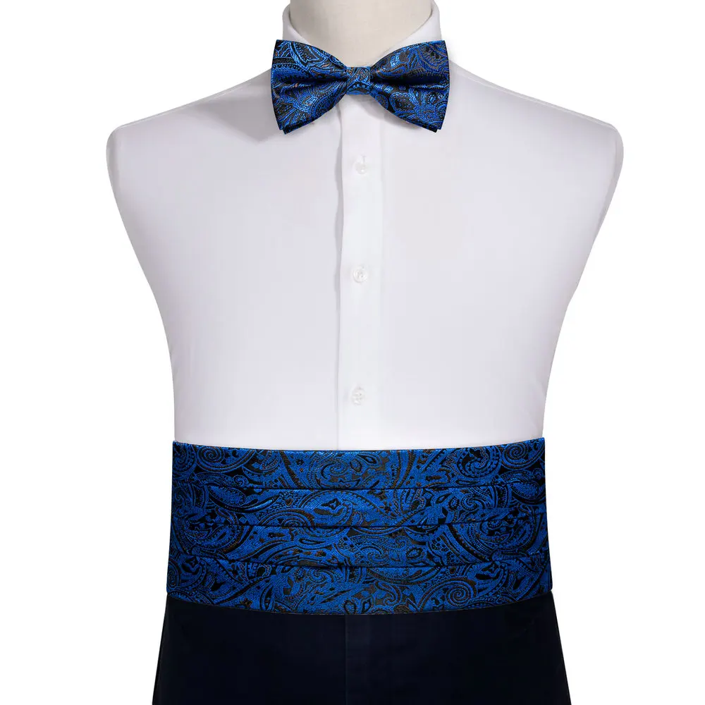 Navy Blue Cummerbund Men Silk Bowtie Pocket Square Cufflinks Sets Classic Paisley Male Accessories Wedding Party Barry.Wang 1031