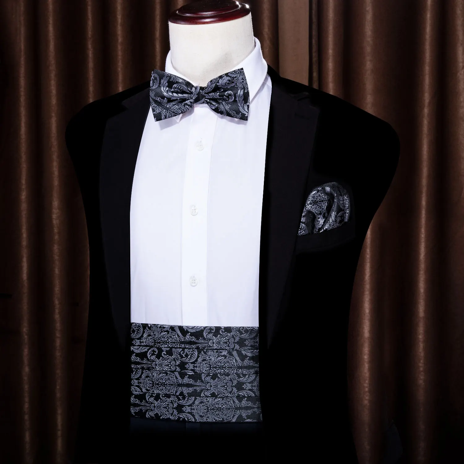 Navy Blue Cummerbund Men Silk Bowtie Pocket Square Cufflinks Sets Classic Paisley Male Accessories Wedding Party Barry.Wang 1031