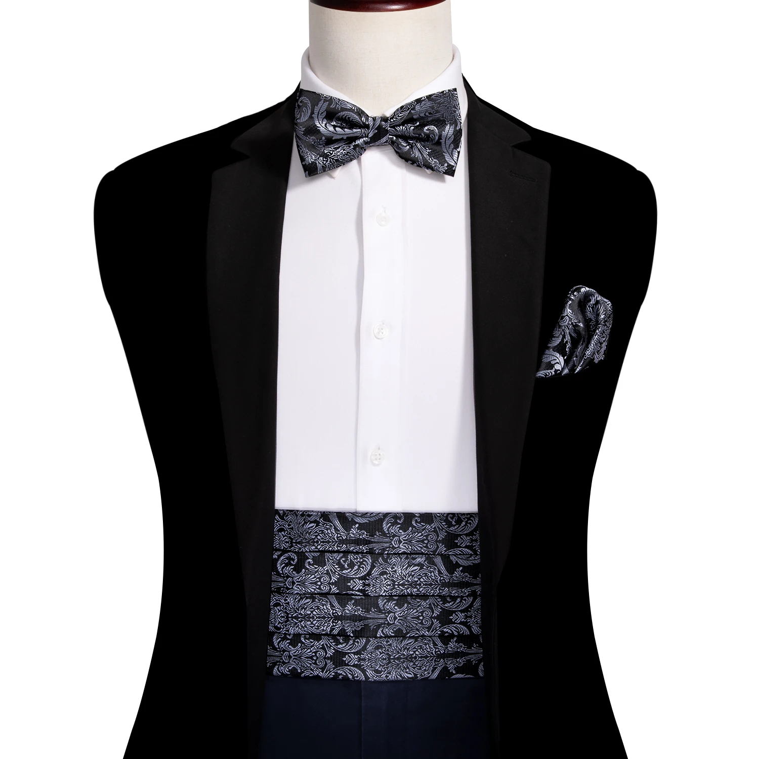 Navy Blue Cummerbund Men Silk Bowtie Pocket Square Cufflinks Sets Classic Paisley Male Accessories Wedding Party Barry.Wang 1031