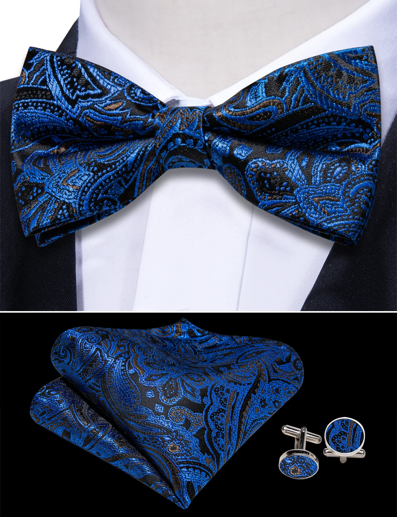 Navy Blue Cummerbund Men Silk Bowtie Pocket Square Cufflinks Sets Classic Paisley Male Accessories Wedding Party Barry.Wang 1031