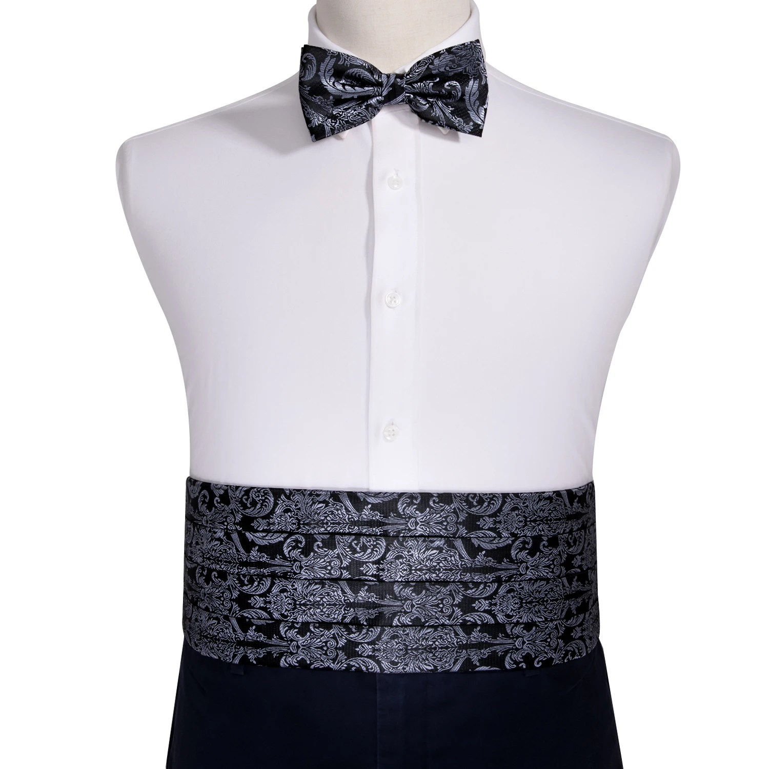 Navy Blue Cummerbund Men Silk Bowtie Pocket Square Cufflinks Sets Classic Paisley Male Accessories Wedding Party Barry.Wang 1031