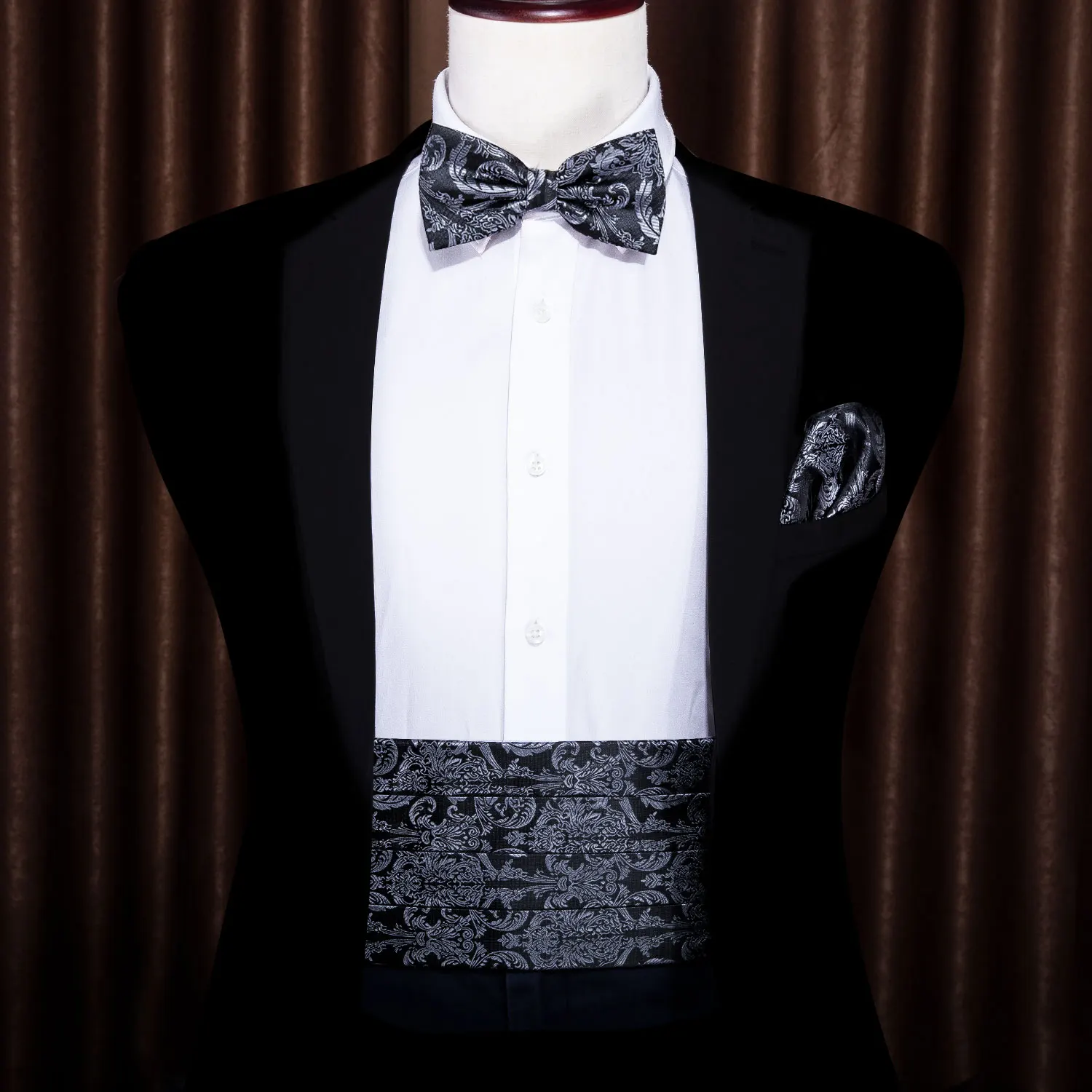 Navy Blue Cummerbund Men Silk Bowtie Pocket Square Cufflinks Sets Classic Paisley Male Accessories Wedding Party Barry.Wang 1031