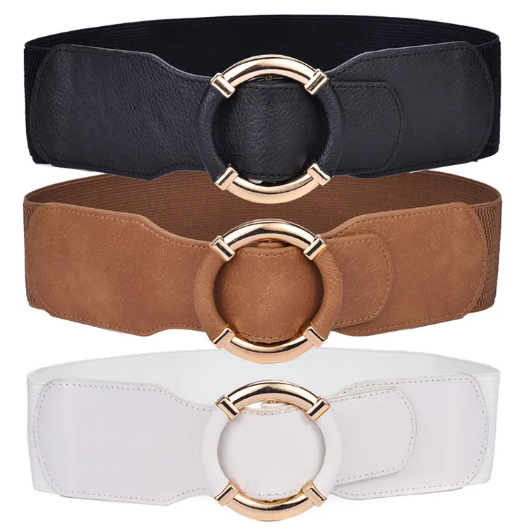 Women's Elastic Belt Corset Women Waist Belts Trend Gold Circle Buckle Waistband High Quality Stretch Wide Black Belt DT072