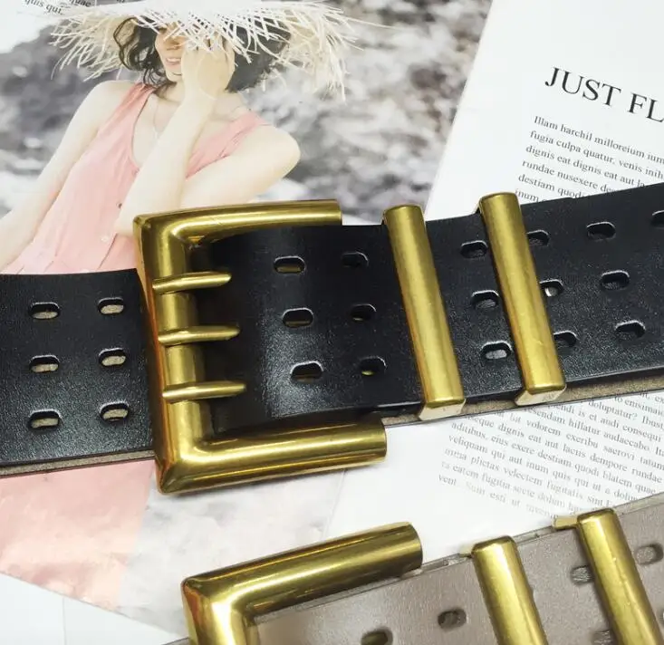 Women's Runway Fashion Genuine Leather Gold Buckle Cummerbunds Female Dress Corsets Waistband Belts Decoration Wide Belt R1520