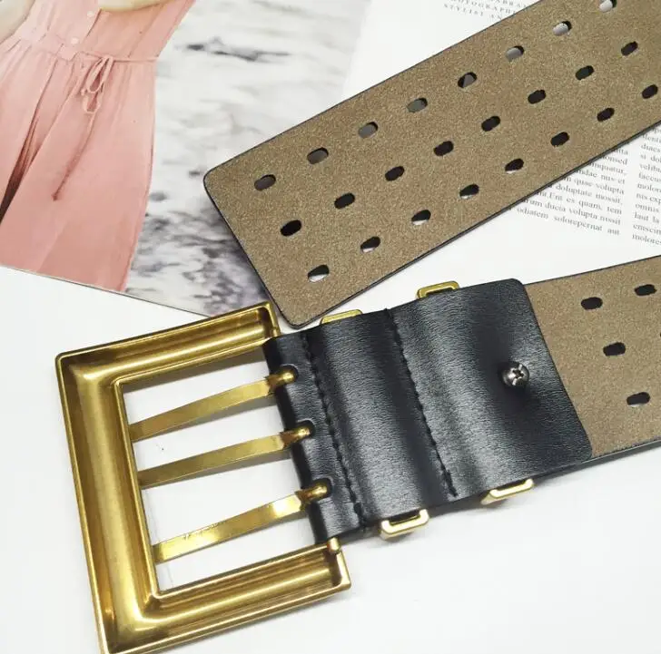 Women's Runway Fashion Genuine Leather Gold Buckle Cummerbunds Female Dress Corsets Waistband Belts Decoration Wide Belt R1520