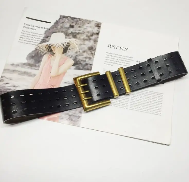 Women's Runway Fashion Genuine Leather Gold Buckle Cummerbunds Female Dress Corsets Waistband Belts Decoration Wide Belt R1520