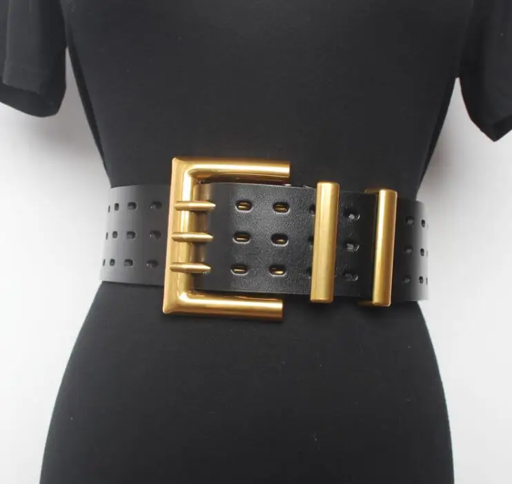 Women's Runway Fashion Genuine Leather Gold Buckle Cummerbunds Female Dress Corsets Waistband Belts Decoration Wide Belt R1520