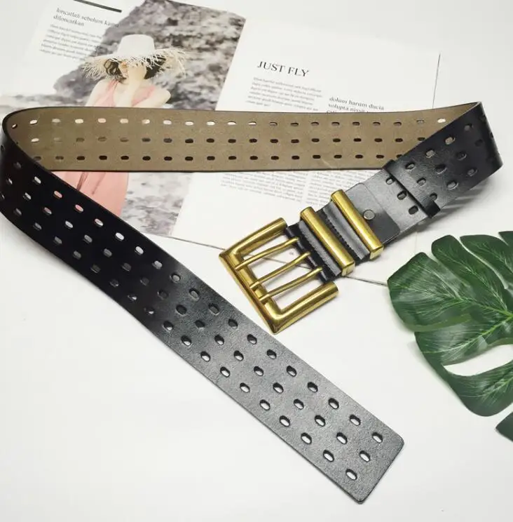 Women's Runway Fashion Genuine Leather Gold Buckle Cummerbunds Female Dress Corsets Waistband Belts Decoration Wide Belt R1520