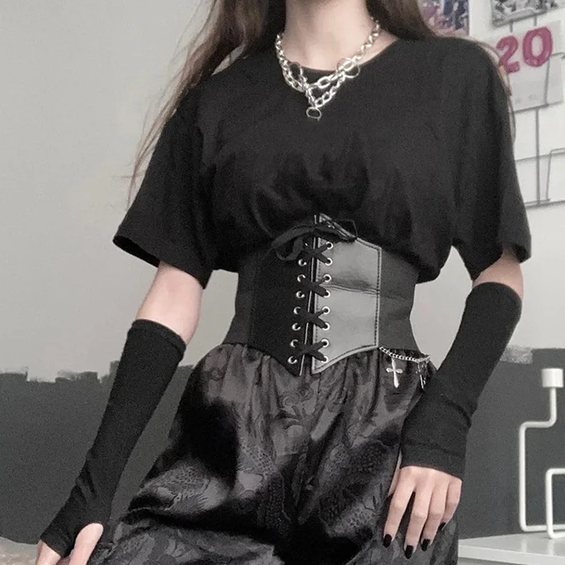 Women's Corset Belt Gothic Fashion PU Leather Female Lace-up Corset Belts Slimming Waist Vintage Corset Black Wide Belt for Girl