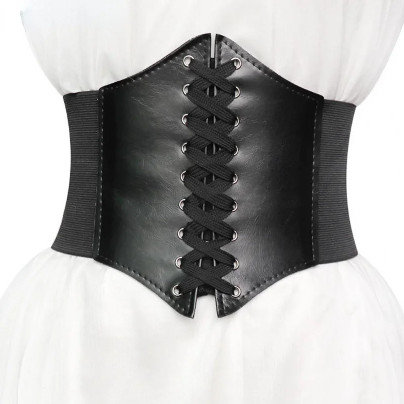 Women's Corset Belt Gothic Fashion PU Leather Female Lace-up Corset Belts Slimming Waist Vintage Corset Black Wide Belt for Girl