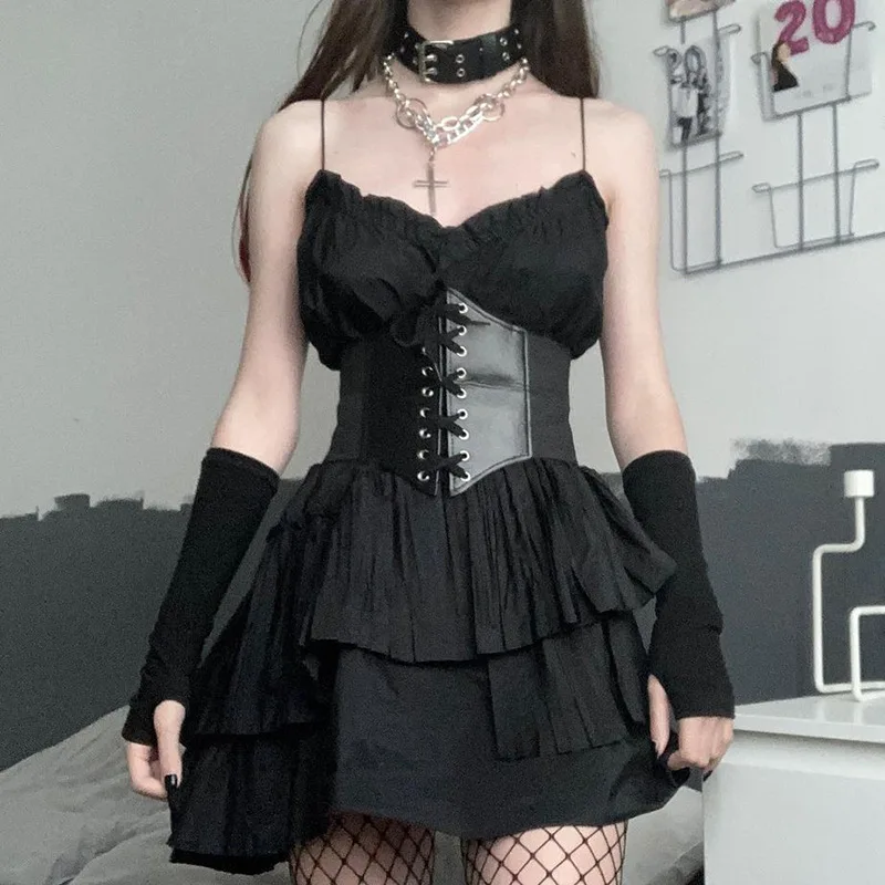 Women's Corset Belt Gothic Fashion PU Leather Female Lace-up Corset Belts Slimming Waist Vintage Corset Black Wide Belt for Girl