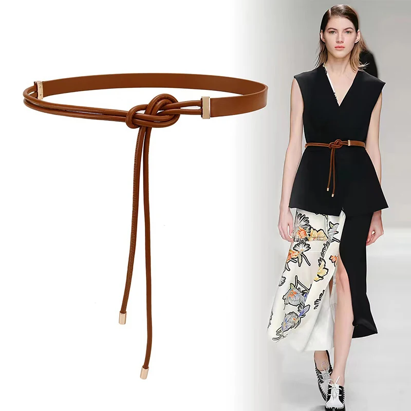 PU Leather Knotted Belt for Women Vintage Thin Waistband Female Fashion Simple Dress Shirt Decorative Girdle Waist Straps