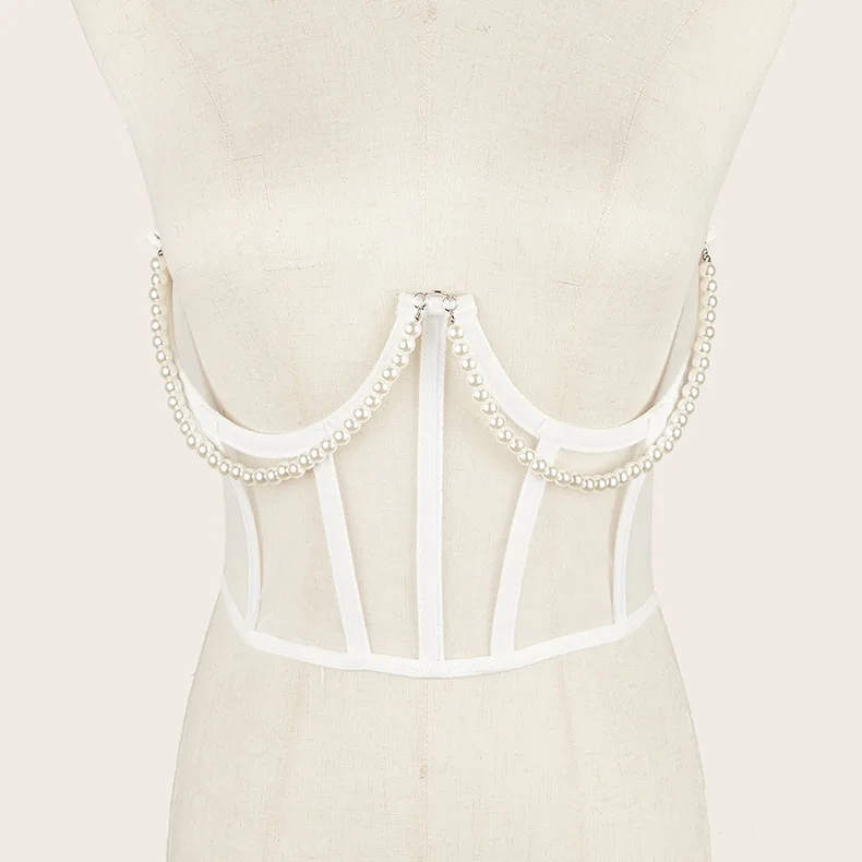 Sexy Women Black White Pink Corset Belt Punk Pearl Metal Chain Goth Cummerbund High Waist Tops Vintage Mesh See Through Bustiers
