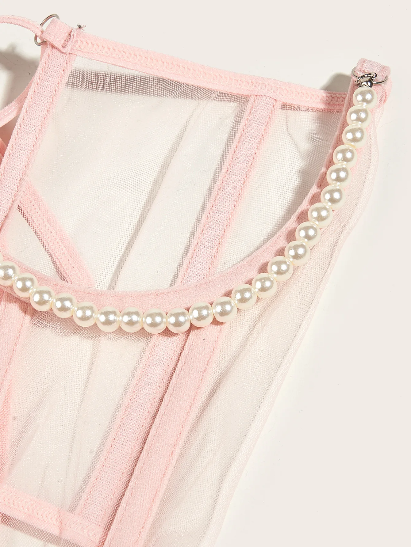 Sexy Women Black White Pink Corset Belt Punk Pearl Metal Chain Goth Cummerbund High Waist Tops Vintage Mesh See Through Bustiers
