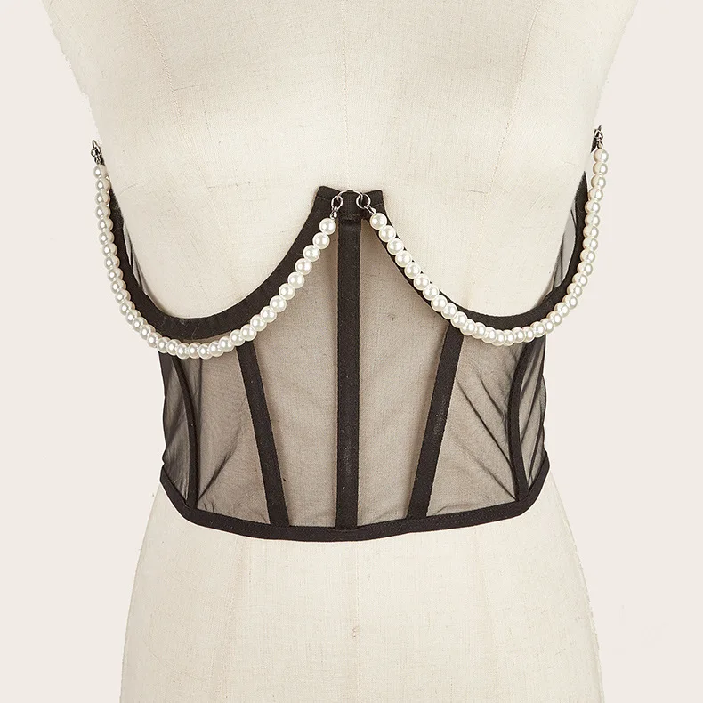 Sexy Women Black White Pink Corset Belt Punk Pearl Metal Chain Goth Cummerbund High Waist Tops Vintage Mesh See Through Bustiers