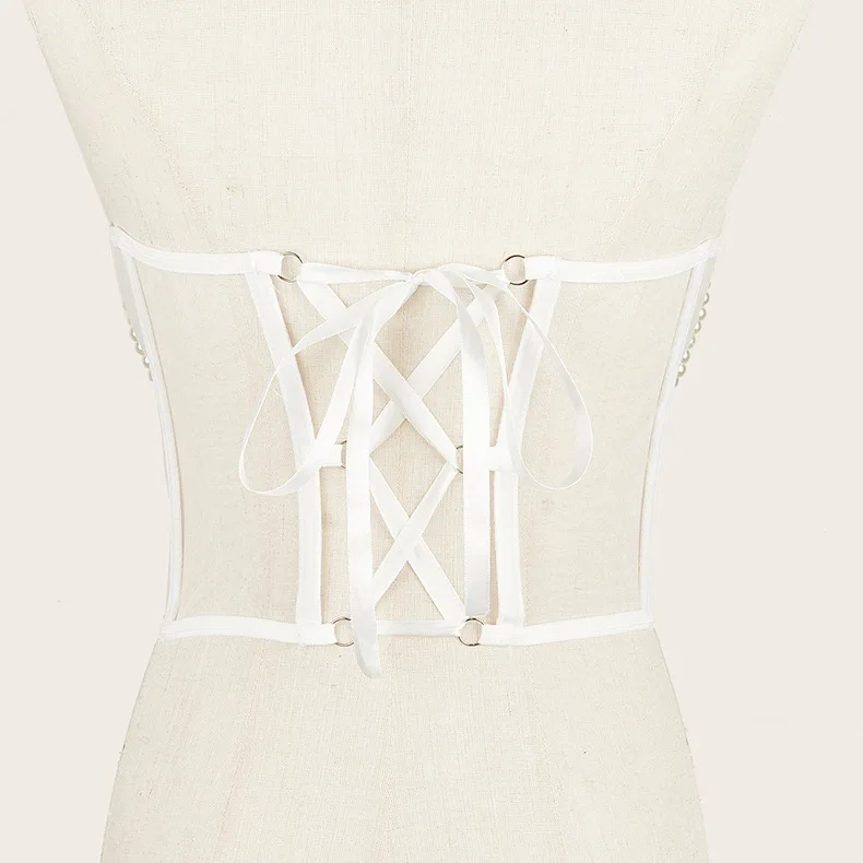 Sexy Women Black White Pink Corset Belt Punk Pearl Metal Chain Goth Cummerbund High Waist Tops Vintage Mesh See Through Bustiers