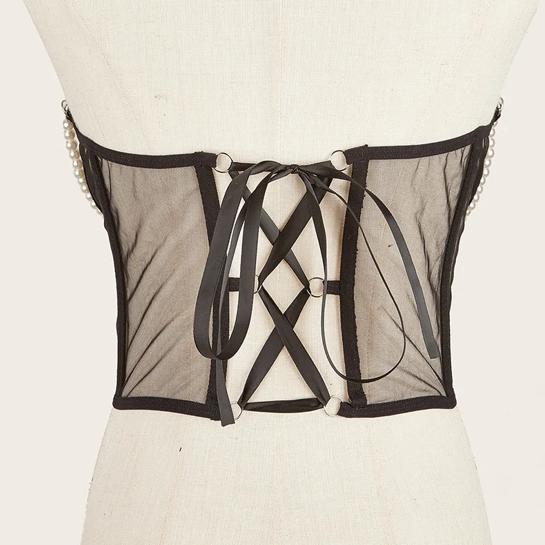 Sexy Women Black White Pink Corset Belt Punk Pearl Metal Chain Goth Cummerbund High Waist Tops Vintage Mesh See Through Bustiers