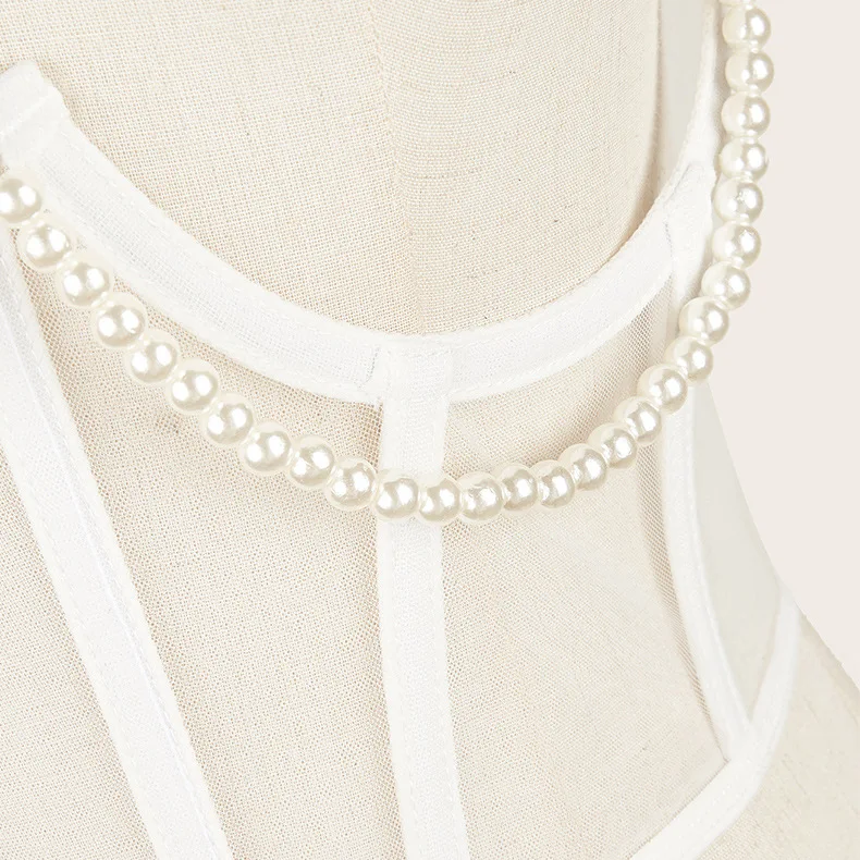 Sexy Women Black White Pink Corset Belt Punk Pearl Metal Chain Goth Cummerbund High Waist Tops Vintage Mesh See Through Bustiers