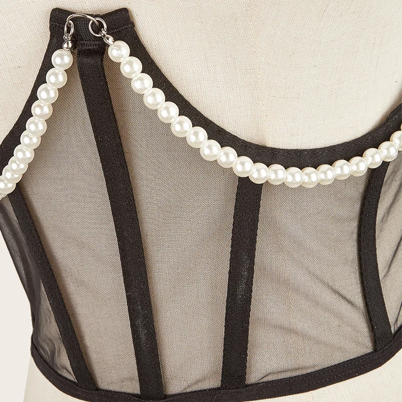 Sexy Women Black White Pink Corset Belt Punk Pearl Metal Chain Goth Cummerbund High Waist Tops Vintage Mesh See Through Bustiers
