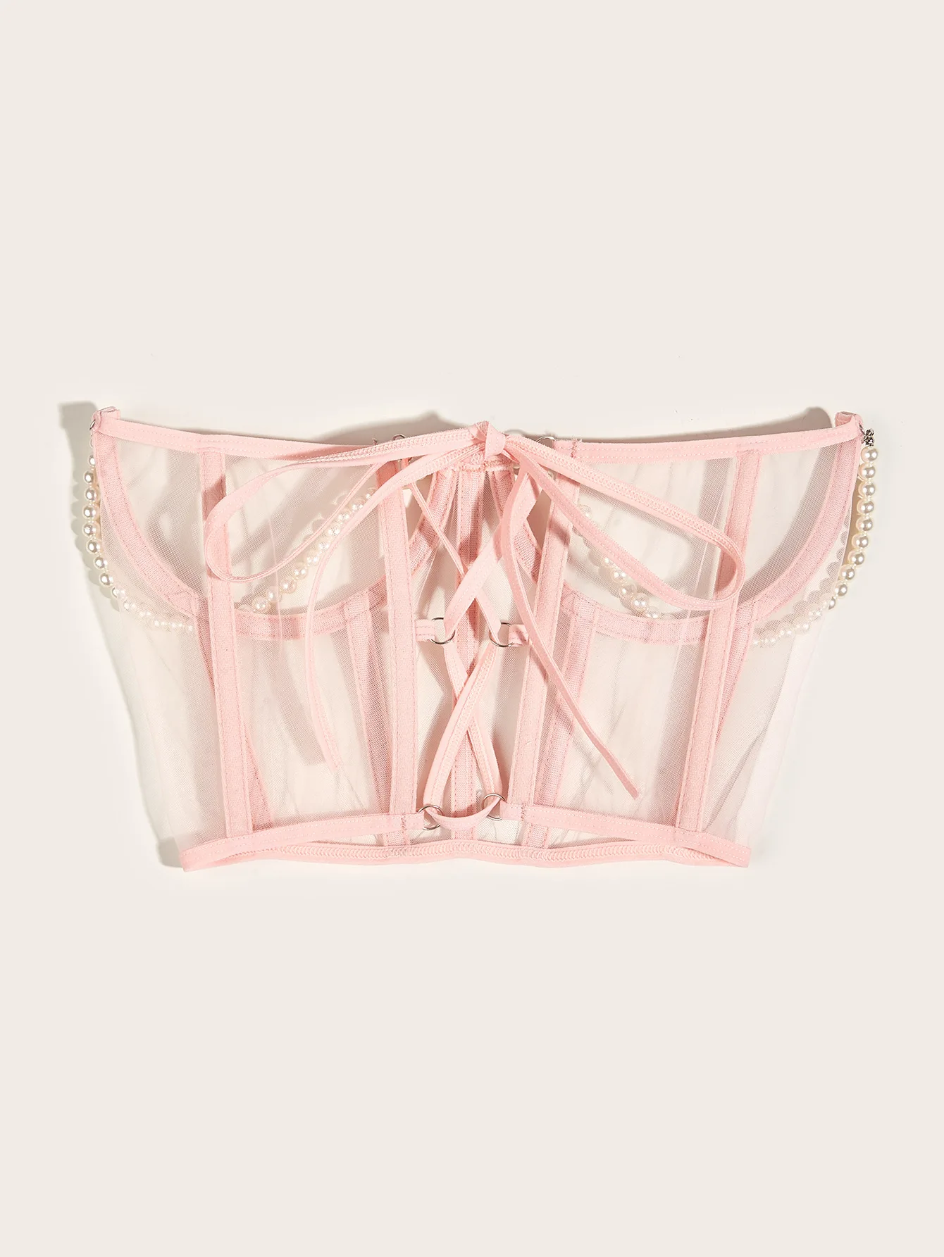 Sexy Women Black White Pink Corset Belt Punk Pearl Metal Chain Goth Cummerbund High Waist Tops Vintage Mesh See Through Bustiers