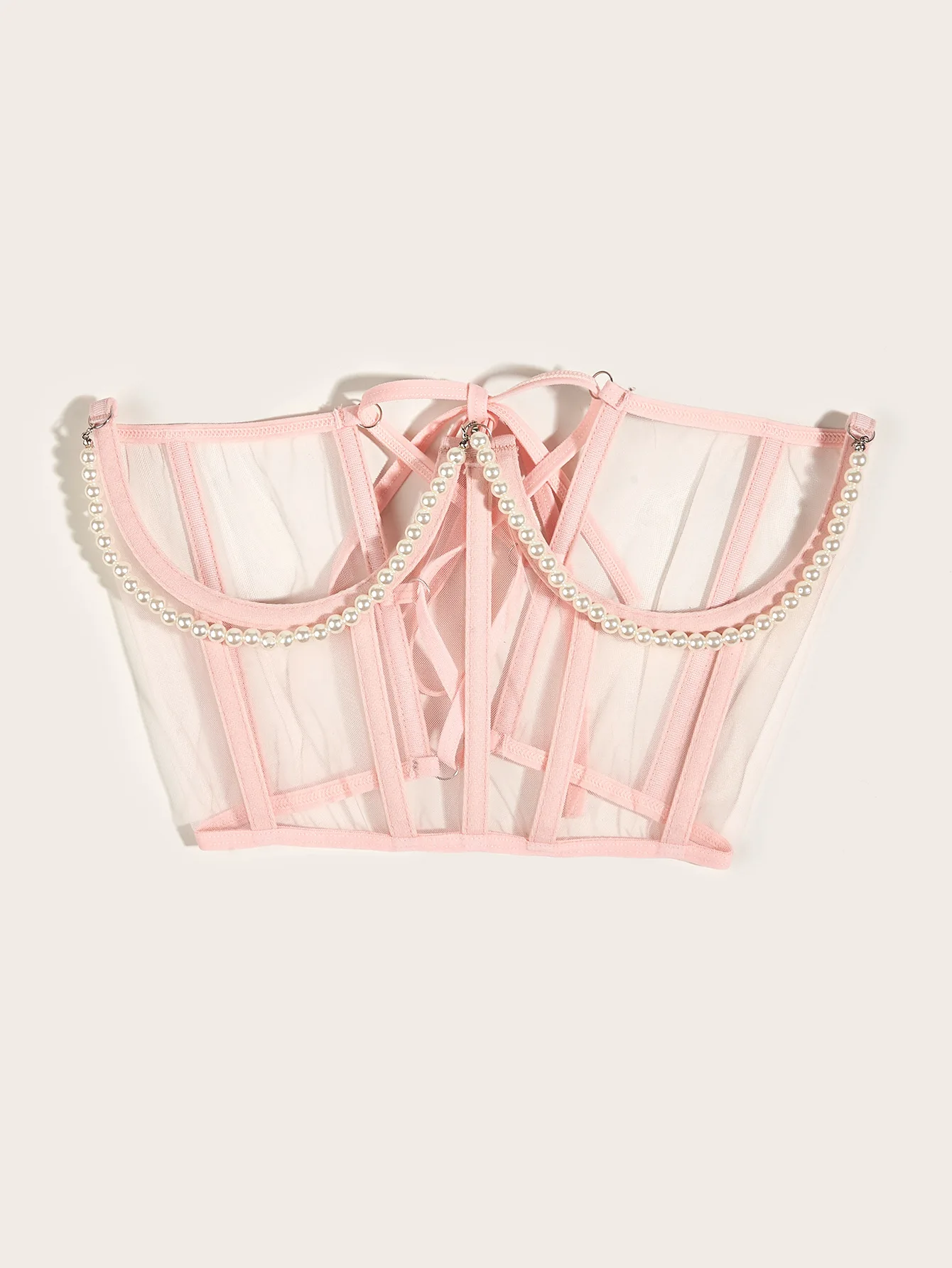 Sexy Women Black White Pink Corset Belt Punk Pearl Metal Chain Goth Cummerbund High Waist Tops Vintage Mesh See Through Bustiers