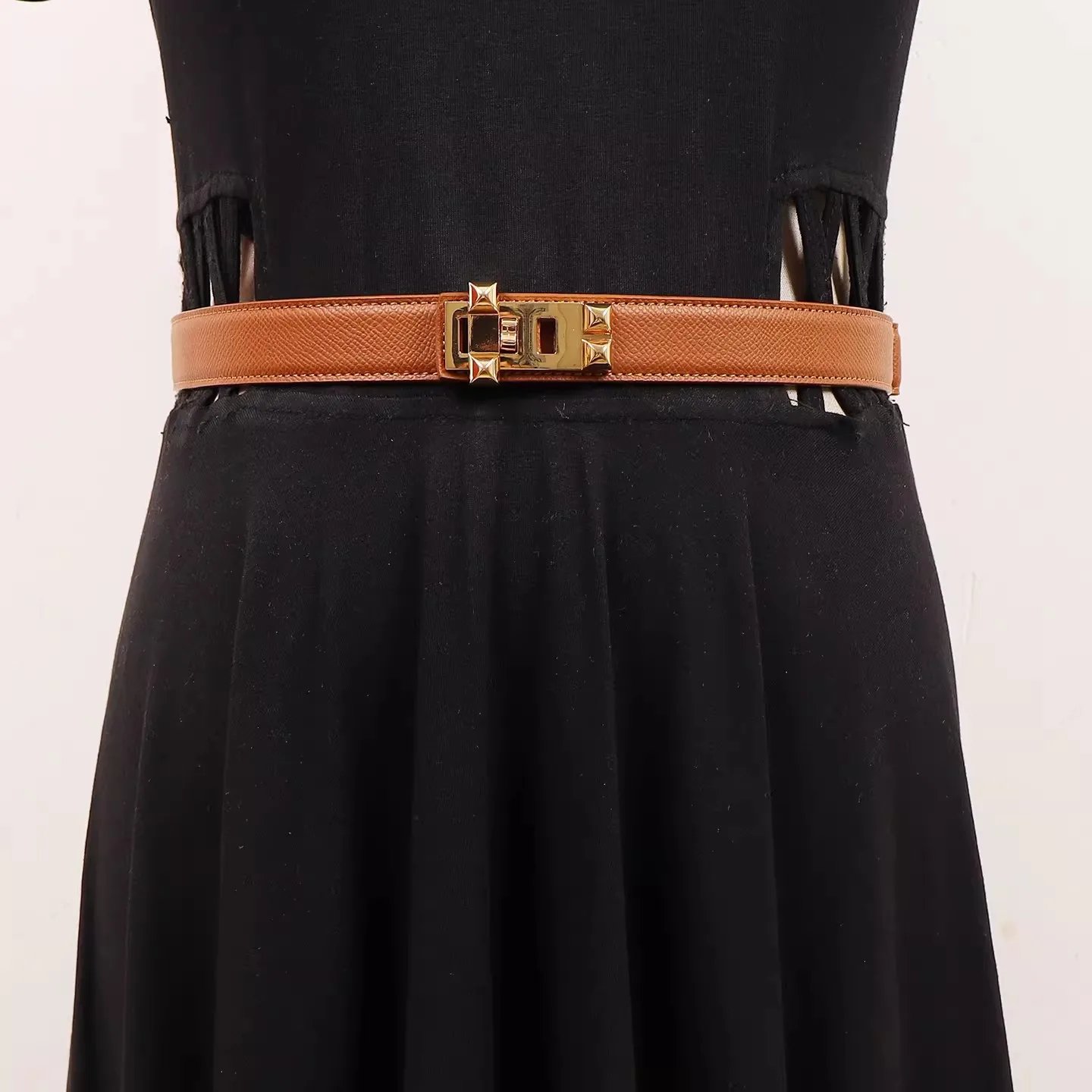 Women's Vintage Gold Buckle Genuine Leather Cummerbunds Female Dress Corsets Waistband Belts Decoration Narrow Belt R467