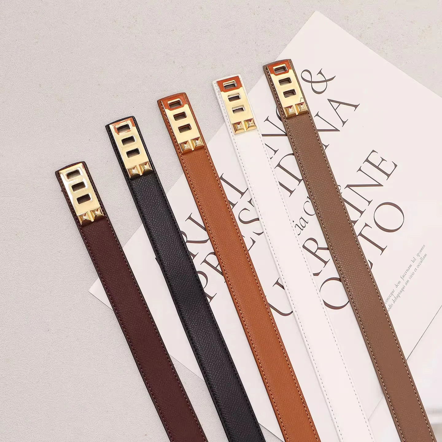 Women's Vintage Gold Buckle Genuine Leather Cummerbunds Female Dress Corsets Waistband Belts Decoration Narrow Belt R467