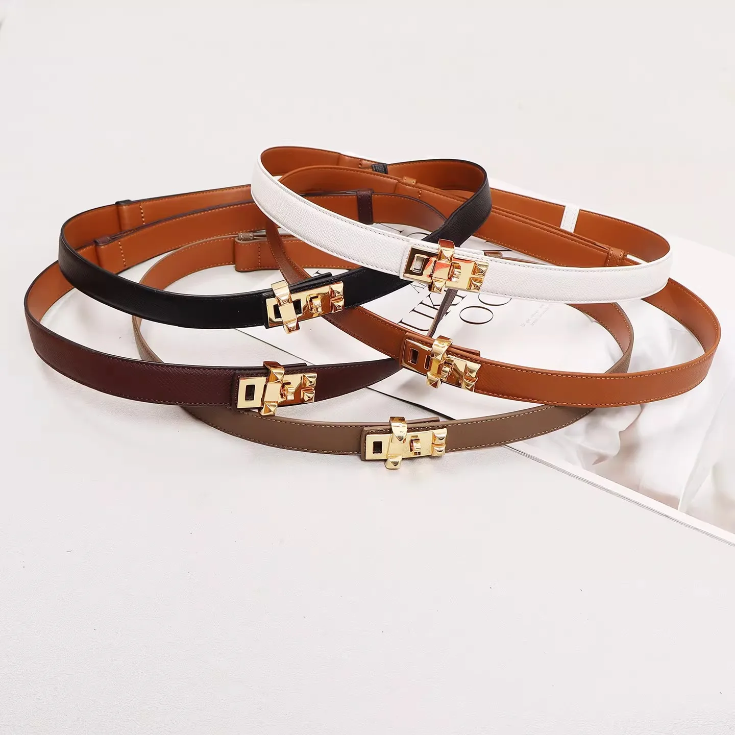 Women's Vintage Gold Buckle Genuine Leather Cummerbunds Female Dress Corsets Waistband Belts Decoration Narrow Belt R467