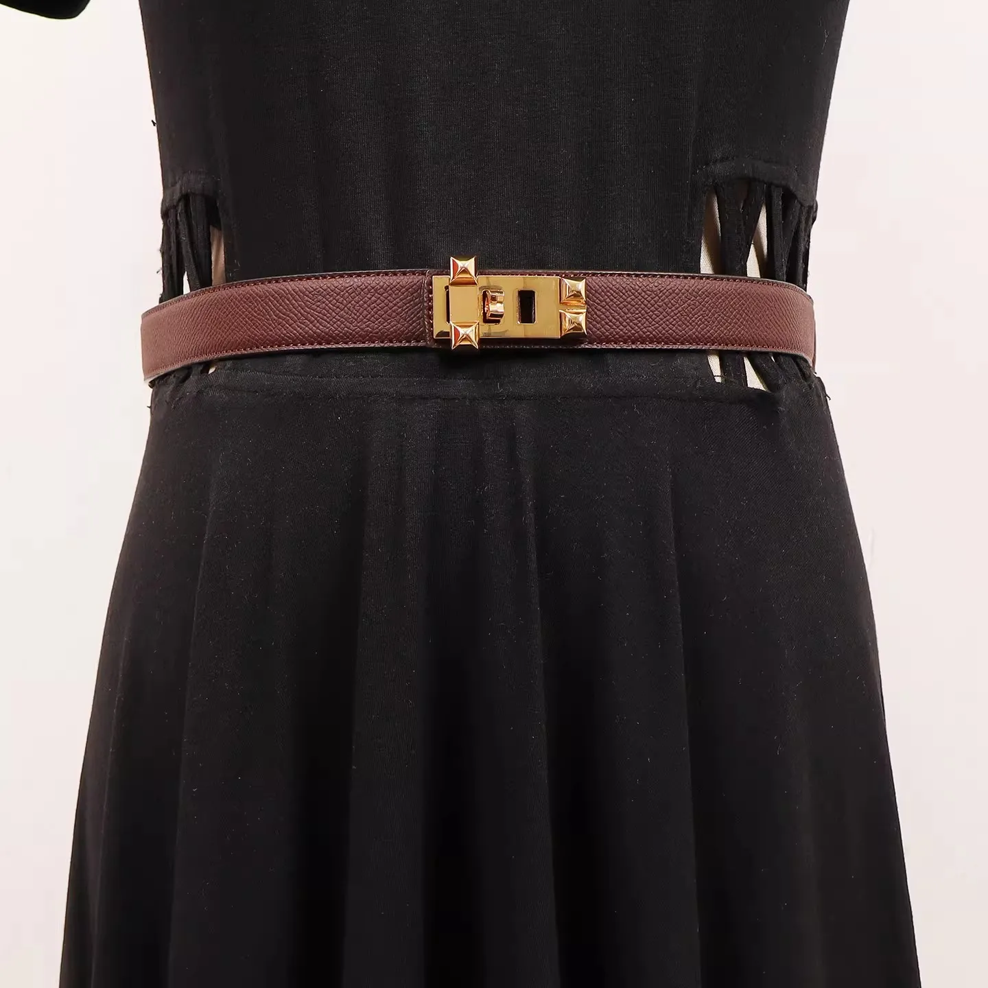 Women's Vintage Gold Buckle Genuine Leather Cummerbunds Female Dress Corsets Waistband Belts Decoration Narrow Belt R467