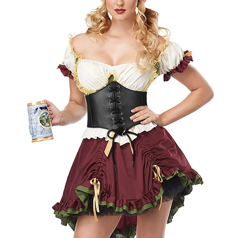 Women's Corset Belt Gothic Fashion PU Leather Female Lace-up Corset Belts Slimming Waist Vintage Corset Black Wide Belt for Girl