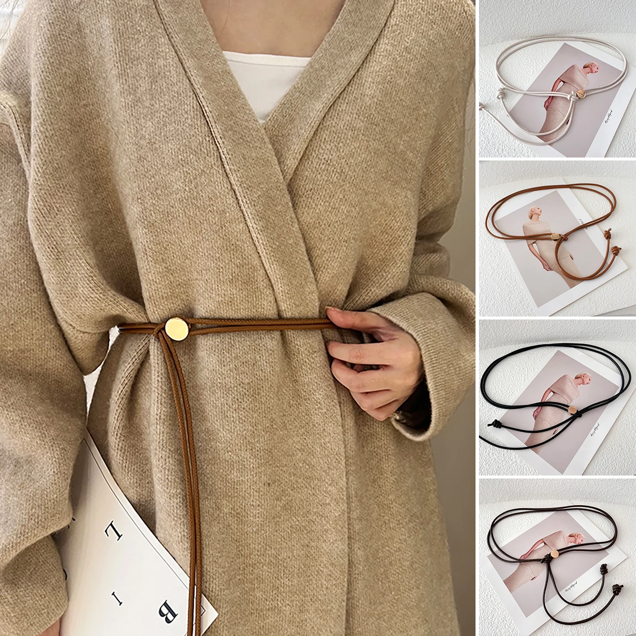 Fashion Solid Color Leather Rope Simple Sweater Coat Decorative Free Size Thin Long Belt Ladies Knot Waist Chain
