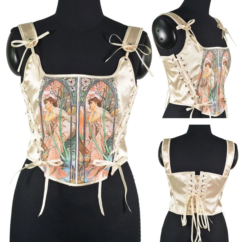 Elegant Corset Top Renaissances Bustier for Female Slimming Girdle Back Tied Fishbones TankTop Role Play Costume Cinchers