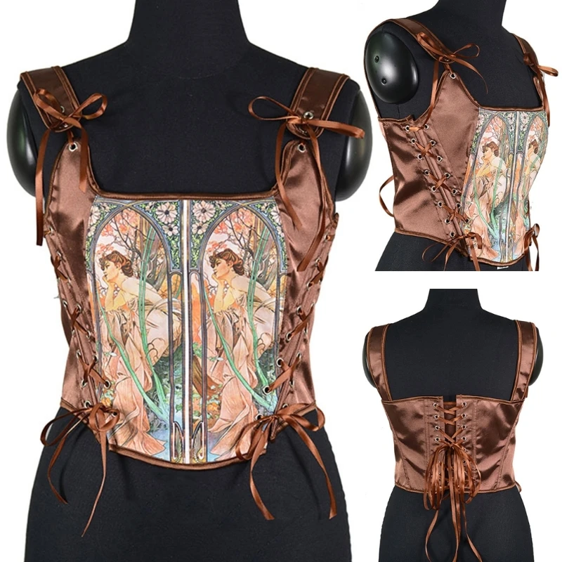 Elegant Corset Top Renaissances Bustier for Female Slimming Girdle Back Tied Fishbones TankTop Role Play Costume Cinchers