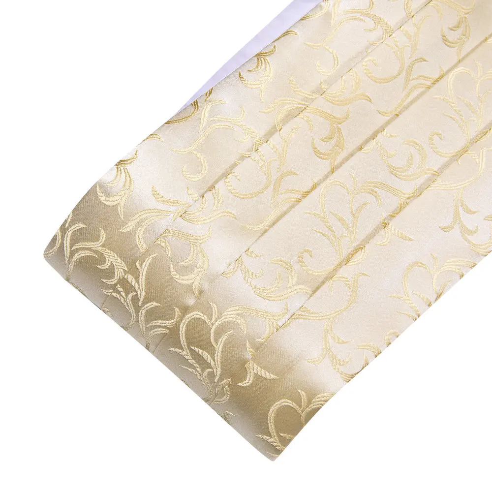 Barry.Wang Champagne Cummerbund Men Silk Floral Jacquard Bowtie Pocket Square Cufflinks Sets Wedding Party Gifts Designer 1037