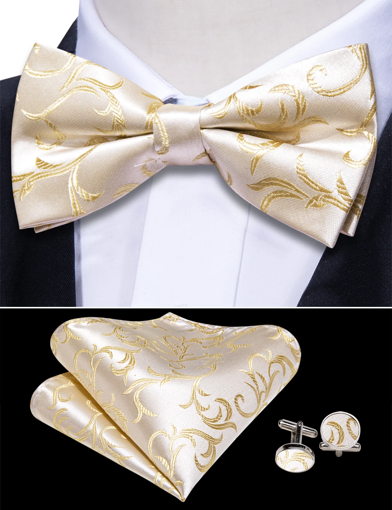 Barry.Wang Champagne Cummerbund Men Silk Floral Jacquard Bowtie Pocket Square Cufflinks Sets Wedding Party Gifts Designer 1037