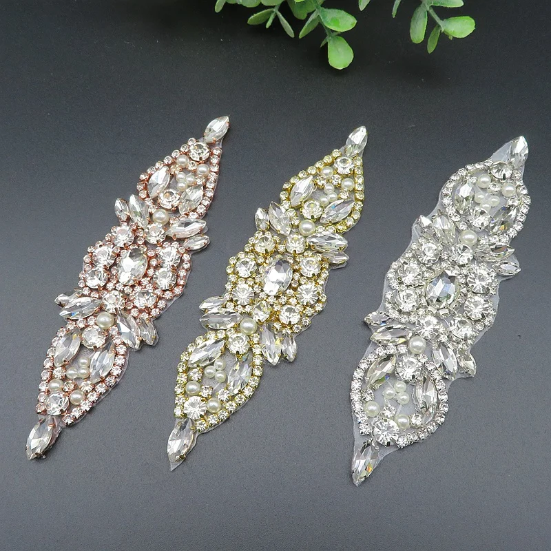 JLZXSY Handmade Custom Crystal Bridal Applique Iron on Hot Fix Rhinestone Applique Patch DIY for Wedding Dress Cloth Accessories