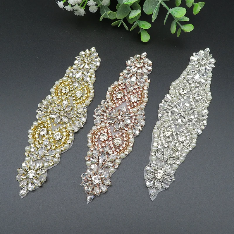 JLZXSY Handmade Custom Crystal Bridal Applique Iron on Hot Fix Rhinestone Applique Patch DIY for Wedding Dress Cloth Accessories