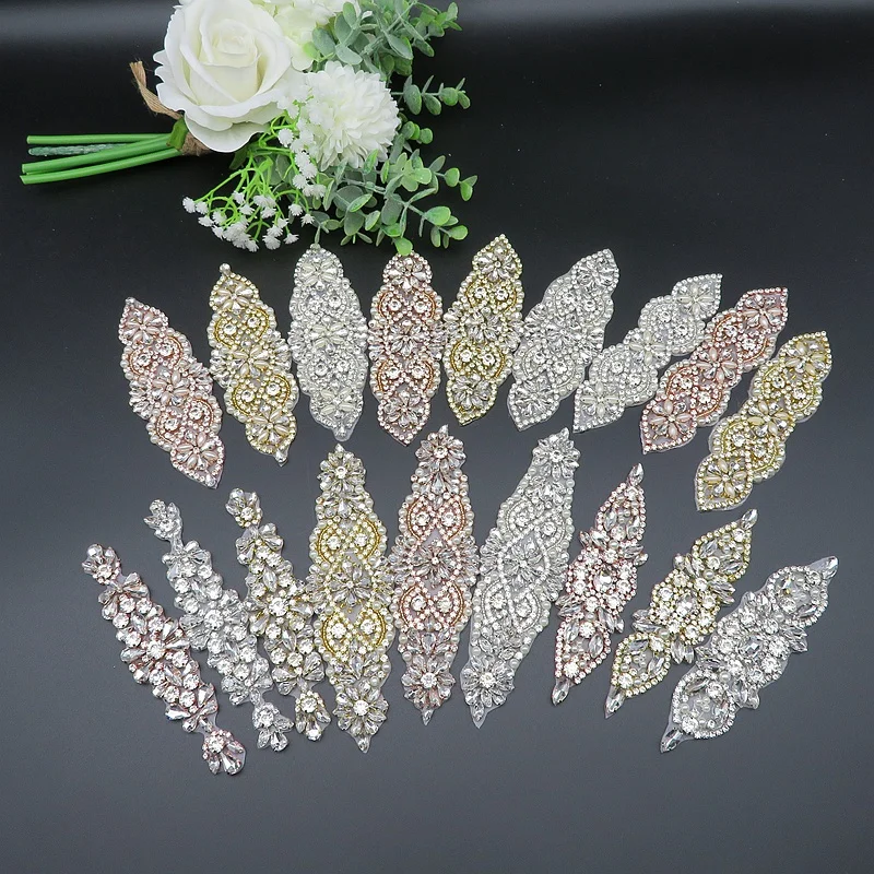 JLZXSY Handmade Custom Crystal Bridal Applique Iron on Hot Fix Rhinestone Applique Patch DIY for Wedding Dress Cloth Accessories