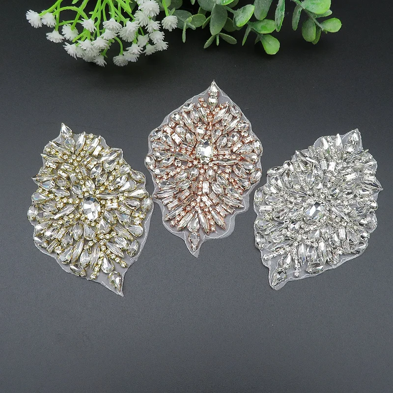 JLZXSY Handmade Custom Crystal Bridal Applique Iron on Hot Fix Rhinestone Applique Patch DIY for Wedding Dress Cloth Accessories