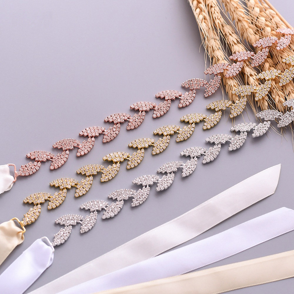 JLZXSY Handmade Leaf Thin Alloy Bridal Belt Rhinestone Wedding Dress Sashes for Bride Bridesmaid (Silver,Rose Gold,Gold)